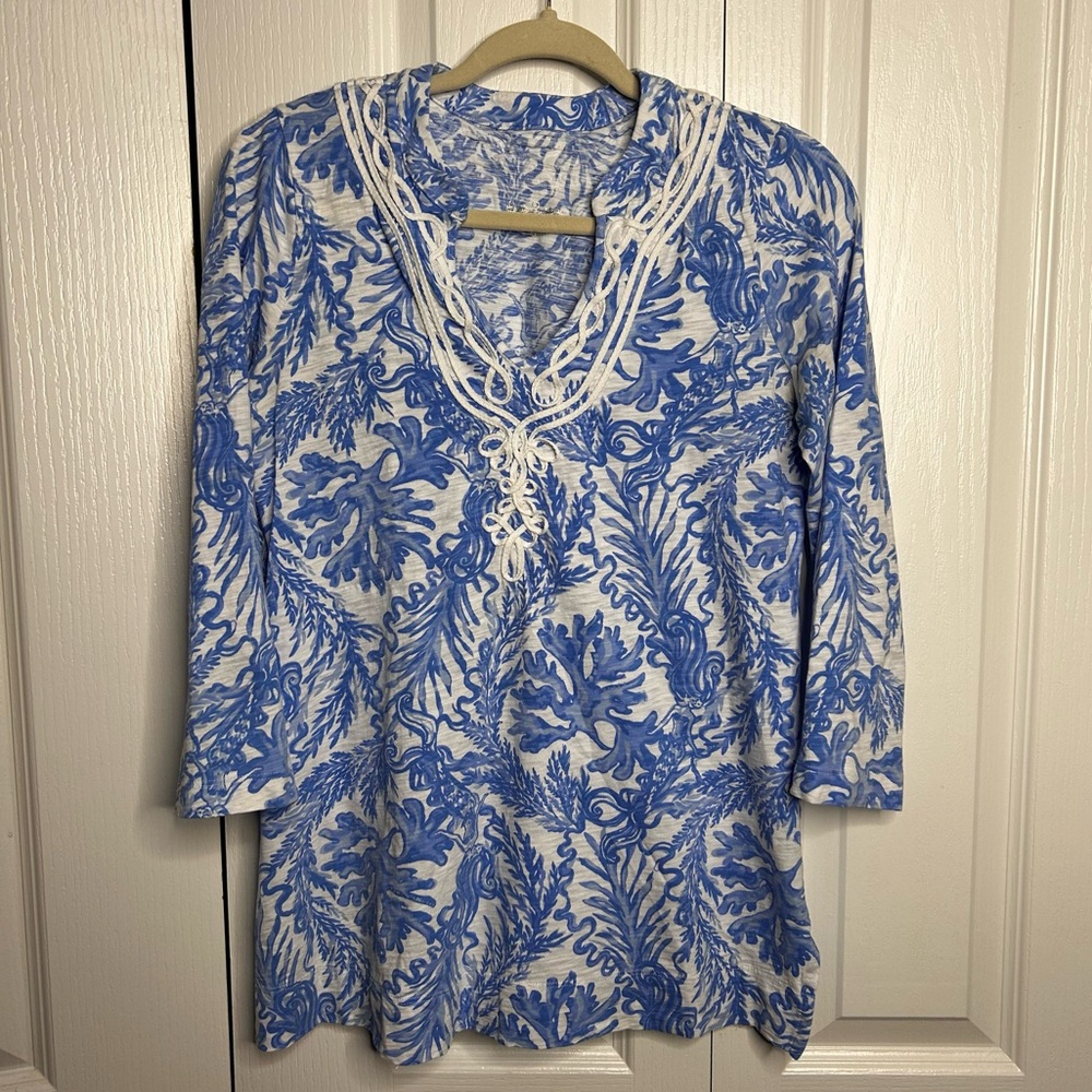 Lilly Pulitzer Kaia Knit Tunic Top Mermaid Ocean Beach Coral Cotton Blue Small